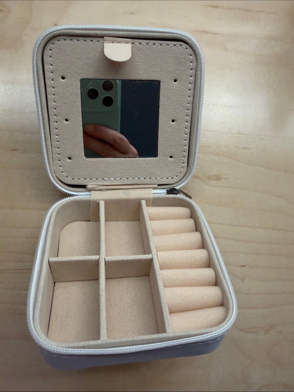 Compact Beige Travel Jewelry Organizer Case with Mirror